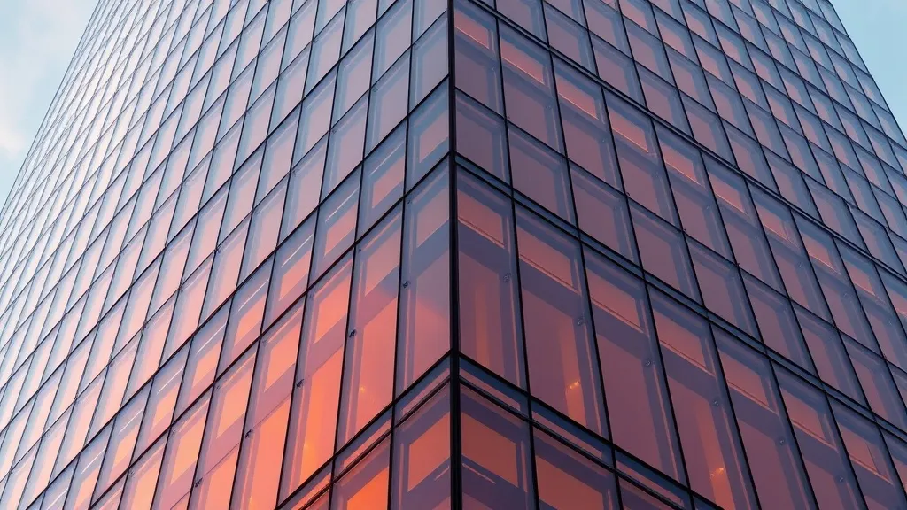 A high-angle architectural shot of a modern glass skyscraper