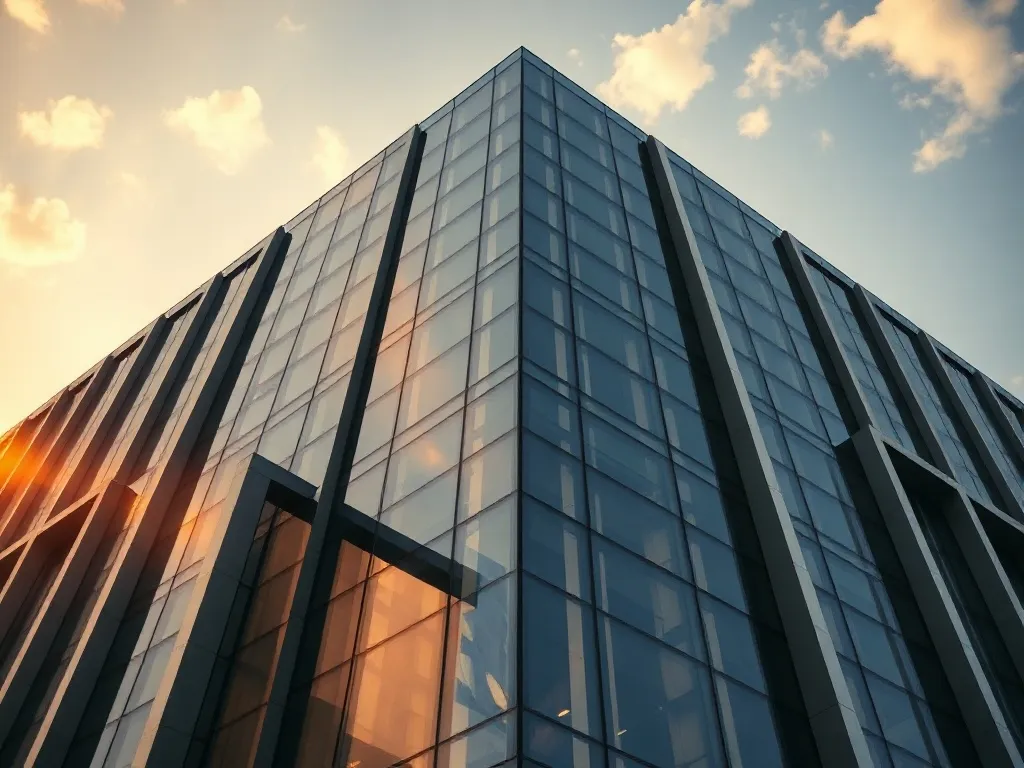 A high-angle architectural shot of a modern government build